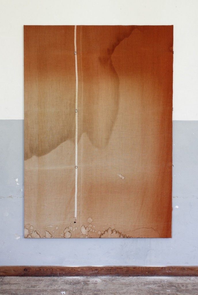 tiziano martini, 2014, untitled, effects of sunlight and  dirt on red faided fabric mounted on wooden stretcher,  metal, cm 200x140, front view